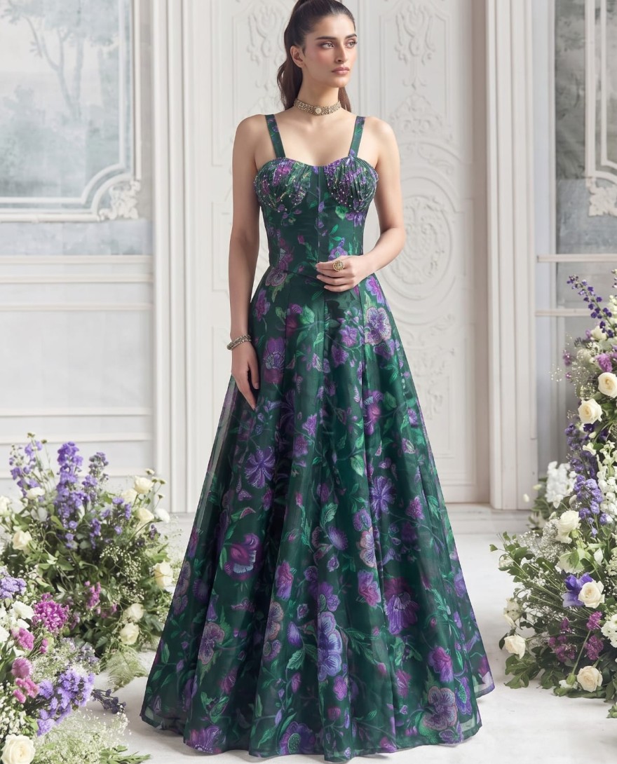 GREEN - Green Floral Tabby Organza Party Wear Lehenga Set
